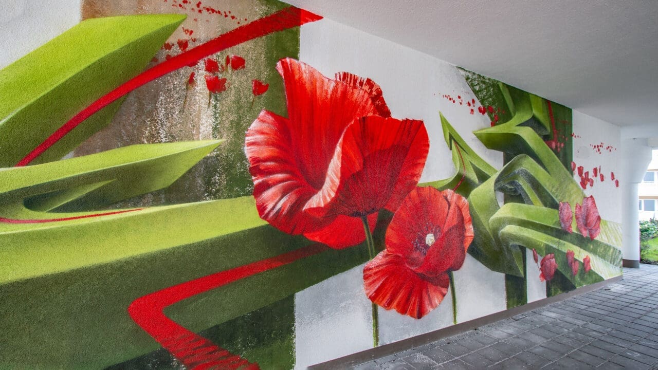 Abstraktes 3D Wandkunstwerk mit Mohnblüten