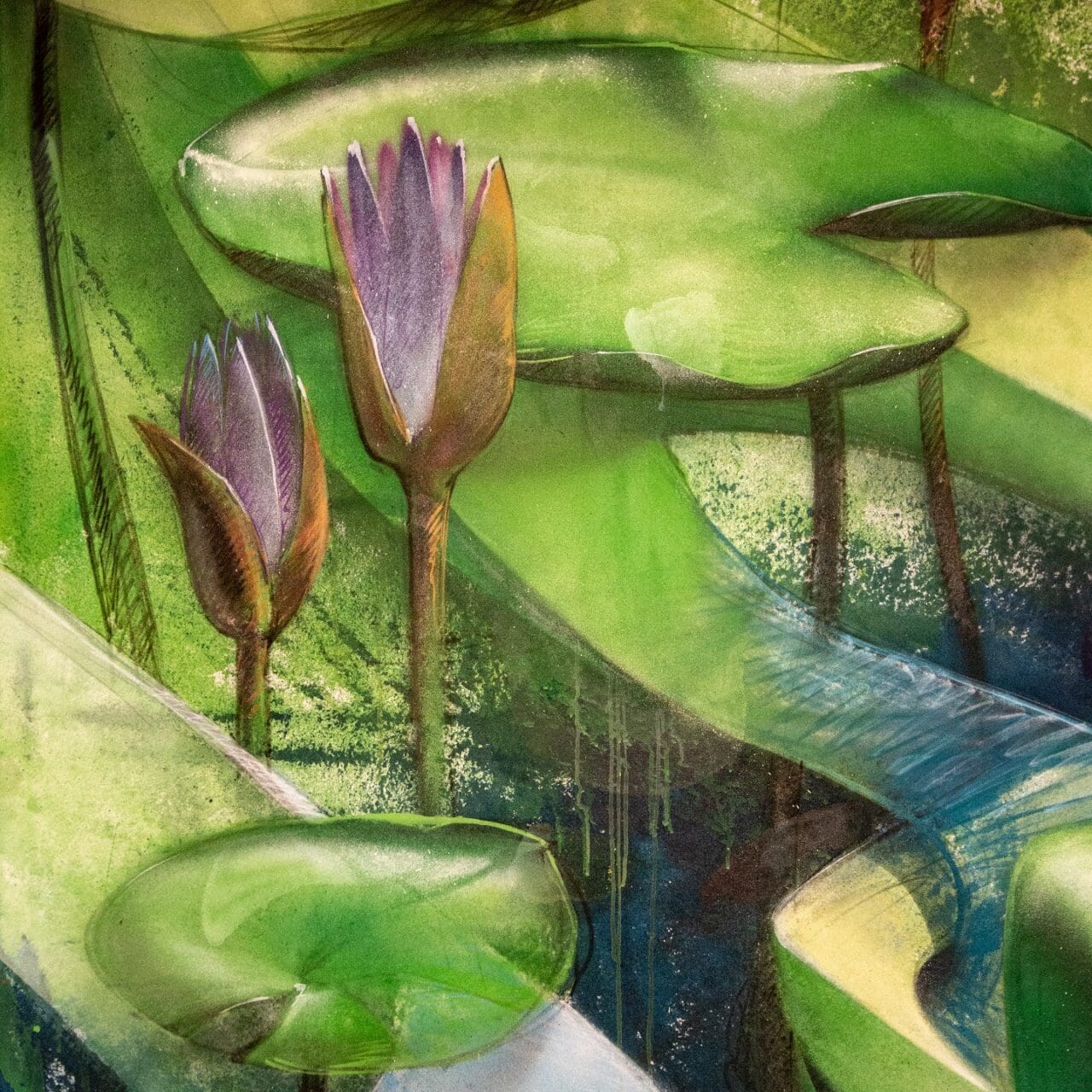Mehrteileiges Kunstwerk mit Seerosen und Koi