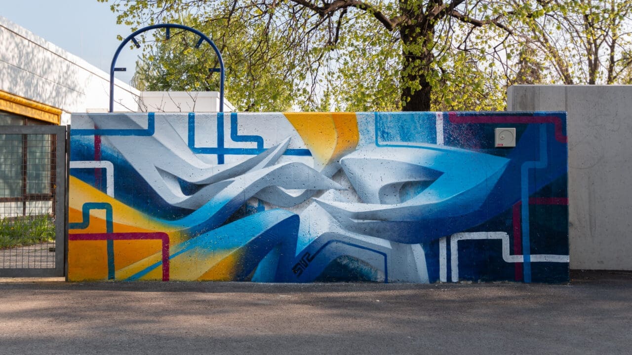 Graffiti für Jugendkulturraum Krems, blau, gelb, weiß