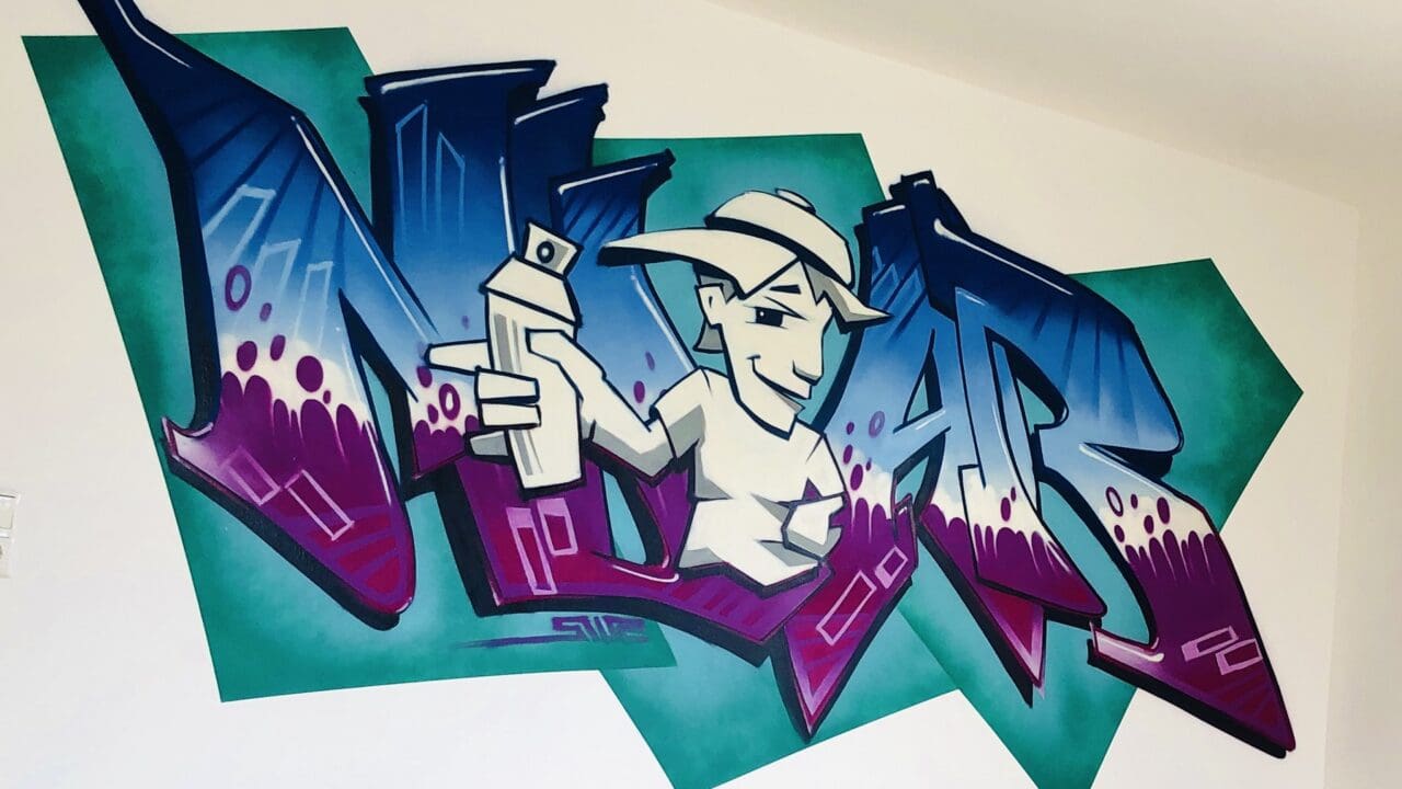 Blau-Lila Graffiti mit weißer Figur