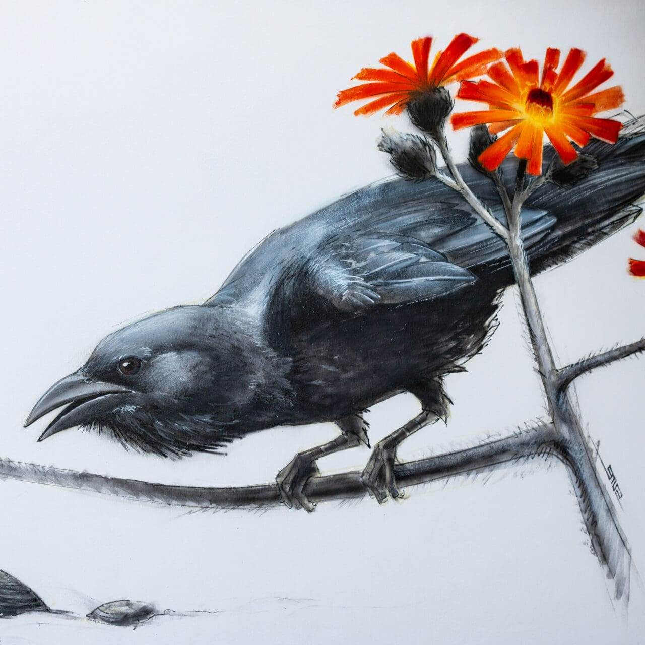 Wandkunstwerk Krähe und Habichtskraut